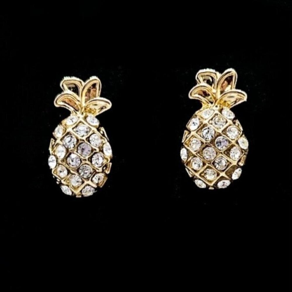 Gold Tone Rhinestone Pineapple Stud Earrings Tropical Novelty Statement